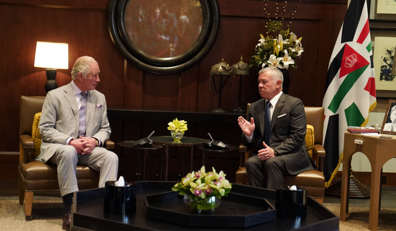 His Majesty King Abdullah receives Prince Charles, the Prince of Wales, at Al Husseiniya Palace on Tuesday (Photo courtesy of Royal Court)